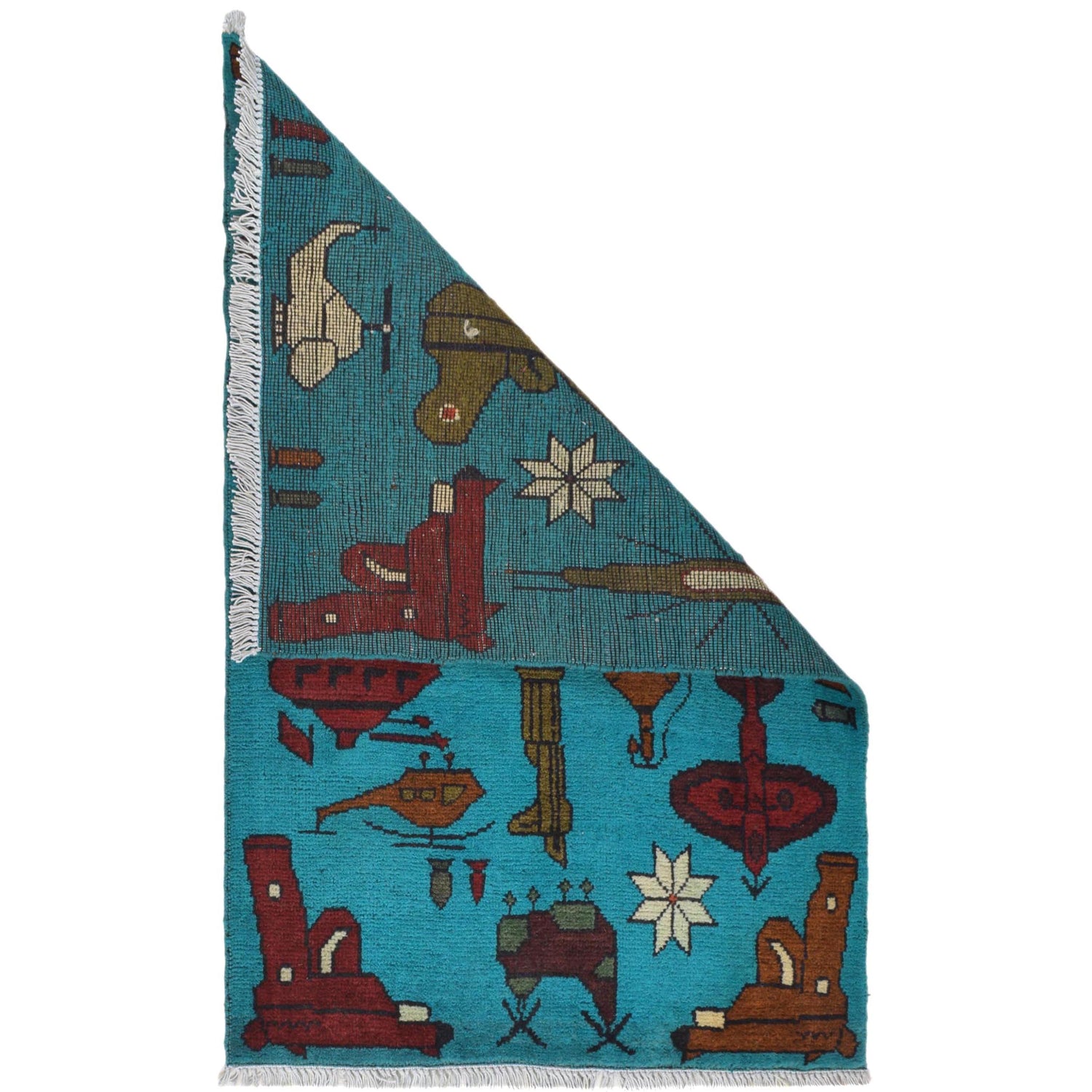 War Area Rug Handmade Blue Helicopter + Rifle 2 x 3 ft