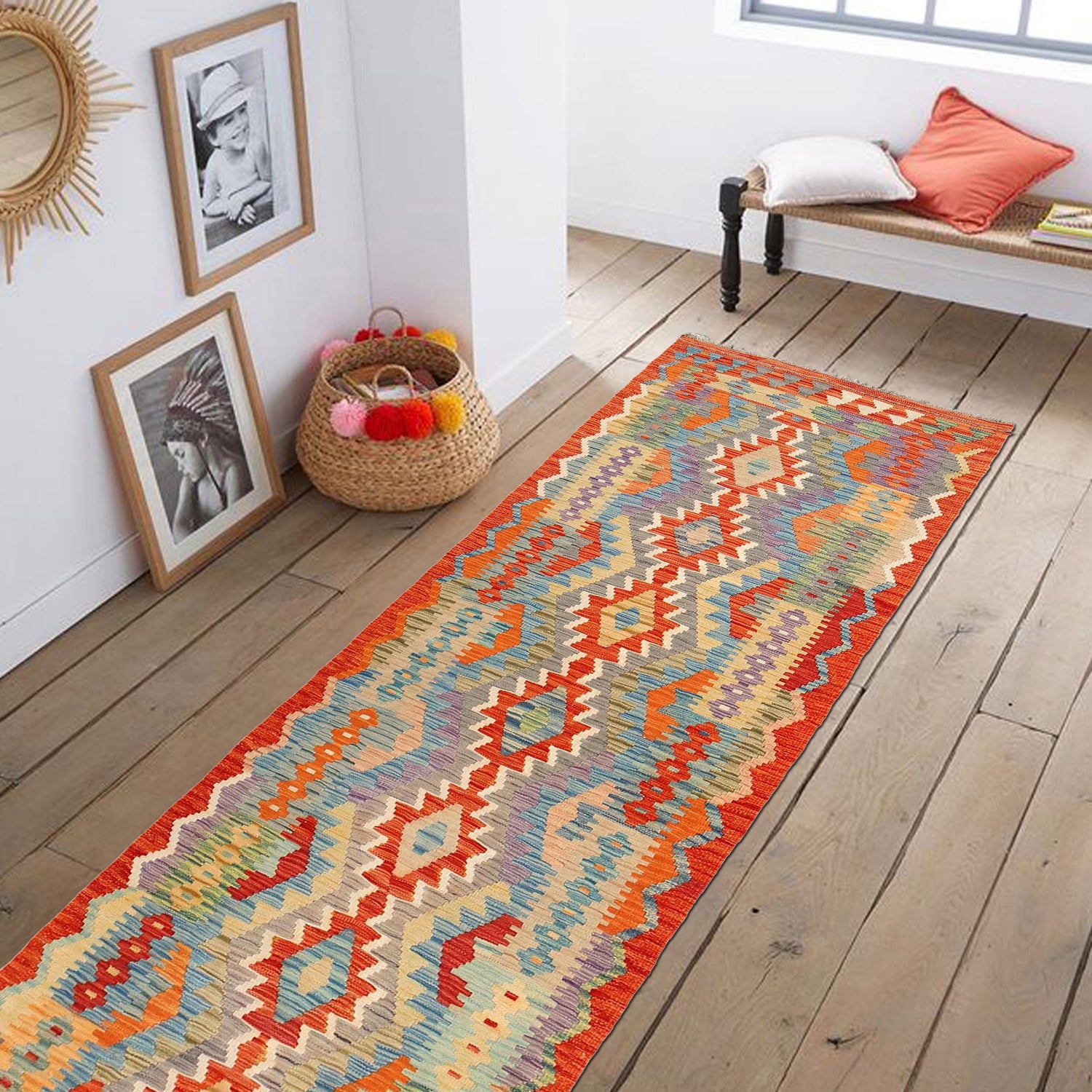 Handmade Multi Kilim Geometric 10' Runner