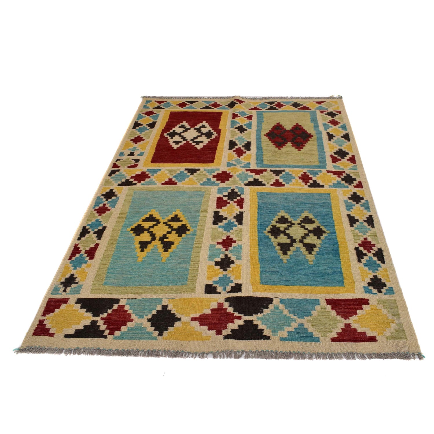 Hand-Knotted Multi Geometric Vegetable Kilim Area Rug – 4' 4" x 6' 3" ft (133 x 190 cm) | SKU: W31593