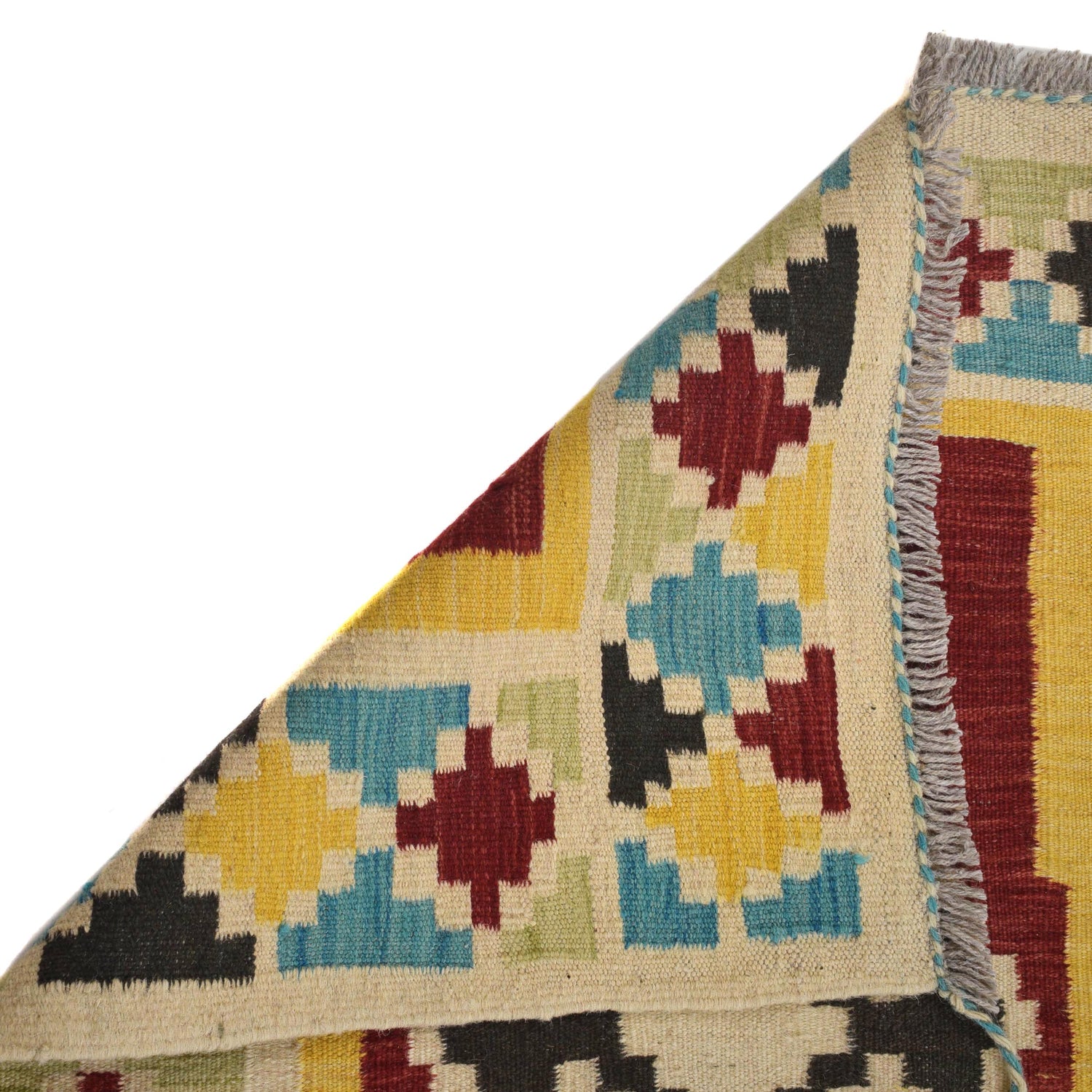 Hand-Knotted Multi Geometric Vegetable Kilim Area Rug – 4' 4" x 6' 3" ft (133 x 190 cm) | SKU: W31593