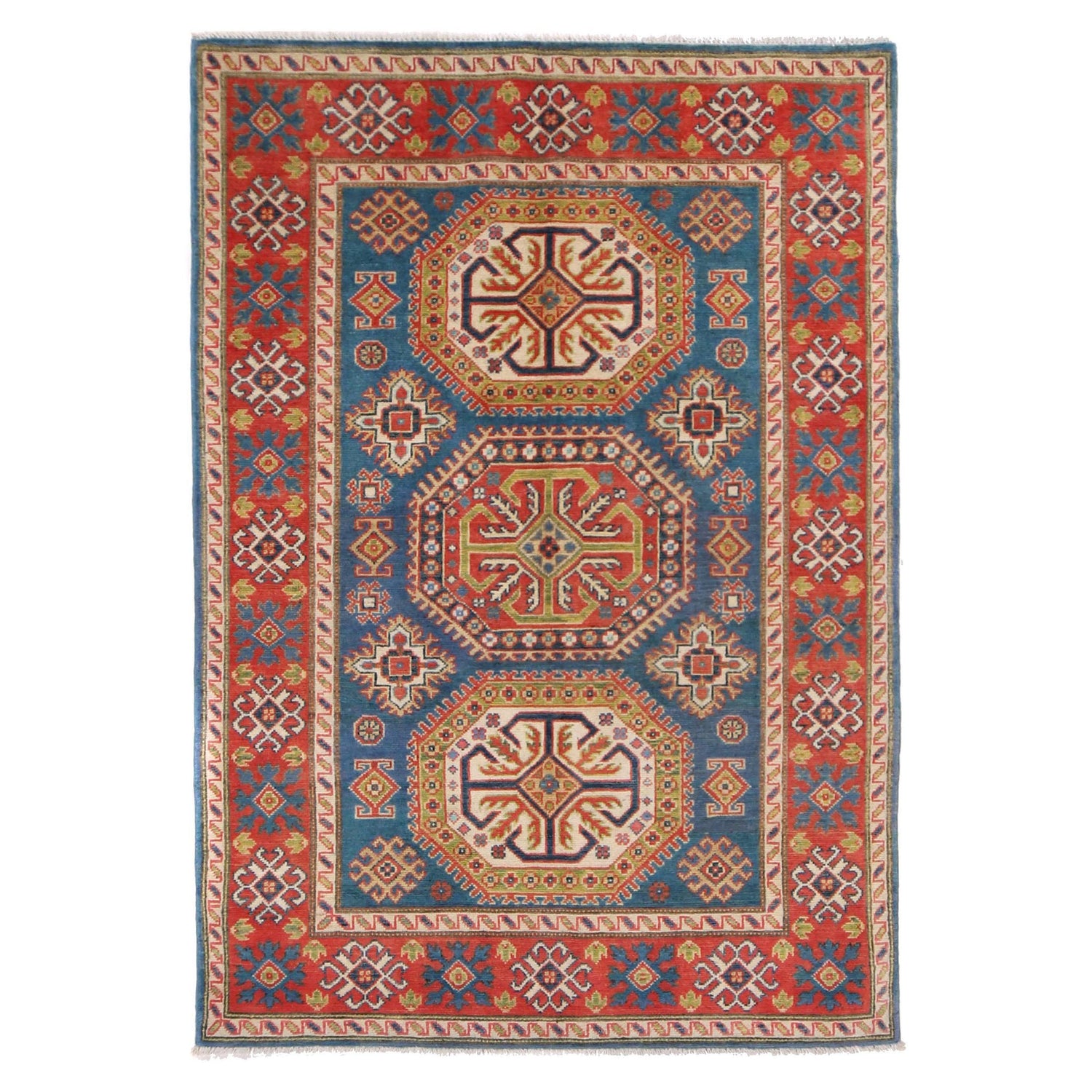 Kazak Rug Handmade Blue Medallion 4x6 ft