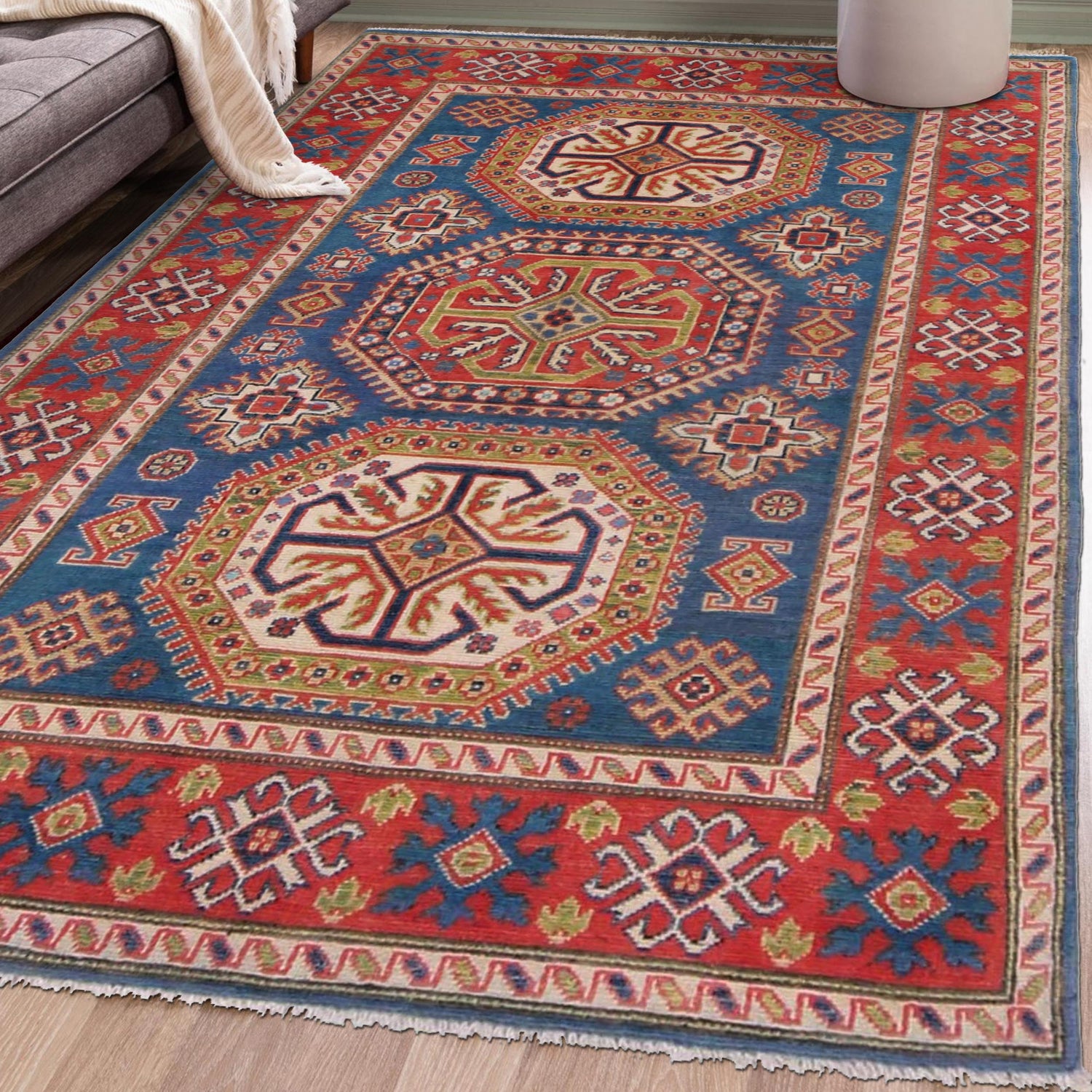 Kazak Rug Handmade Blue Medallion 4x6 ft