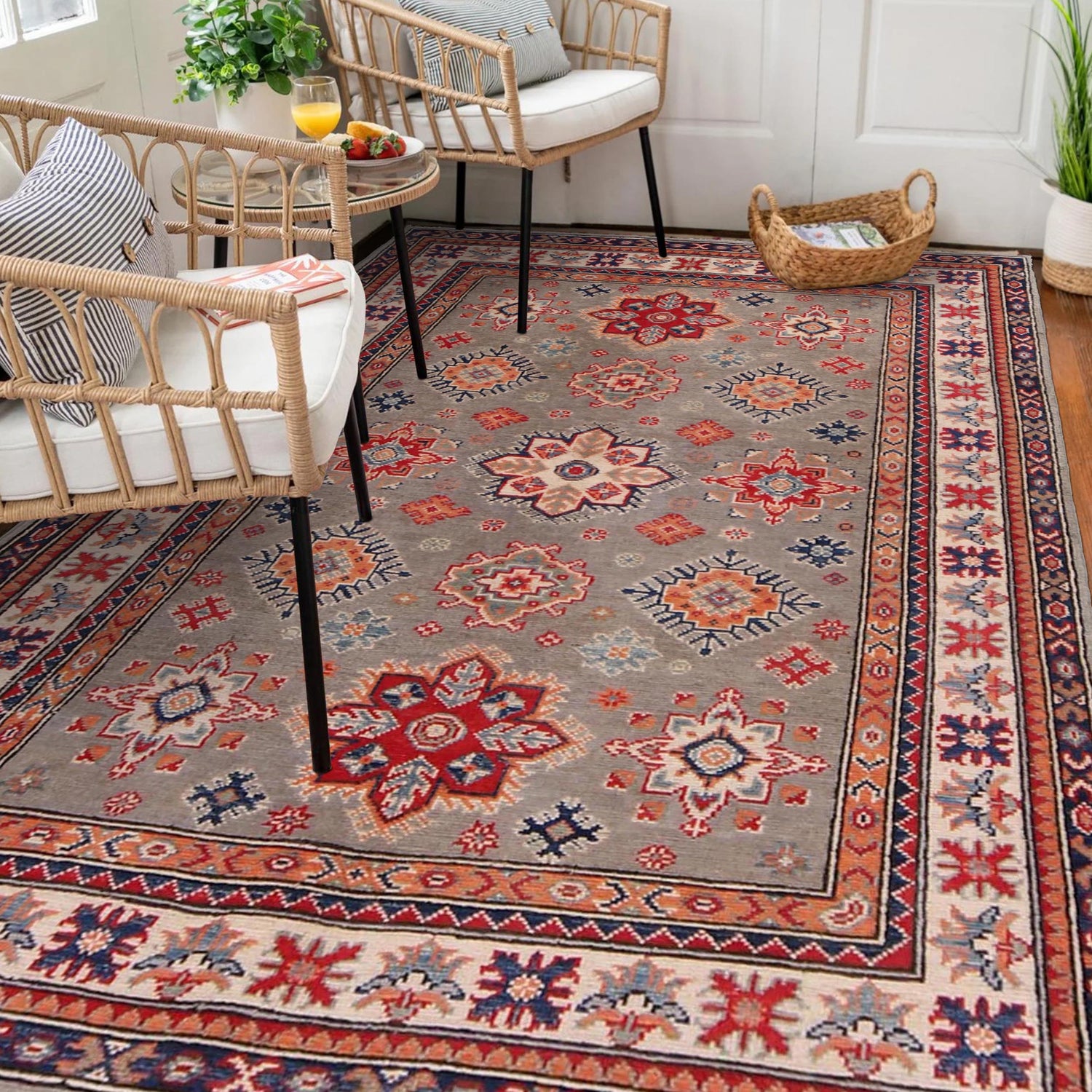 Kazak Rug Handmade Gray Medallion 4x7 ft