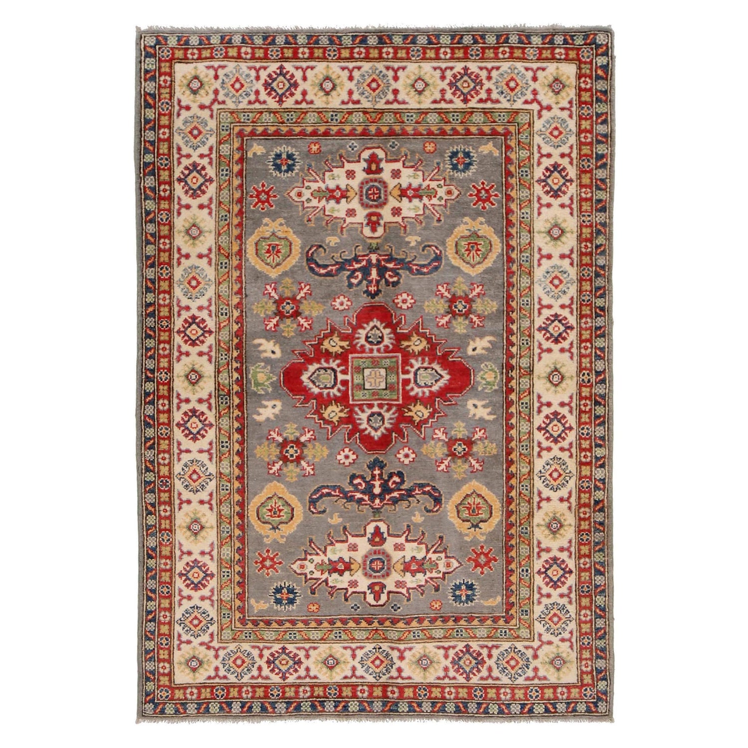 Kazak Rug Handmade Gray Medallion 4x6 ft