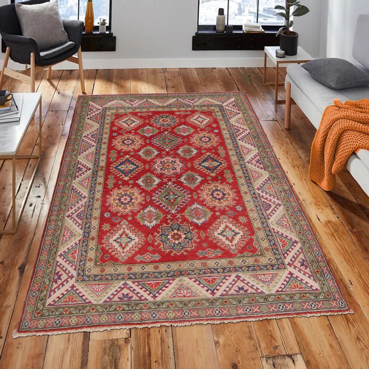 Kazak Rug Handmade Red Medallion 4x7 ft