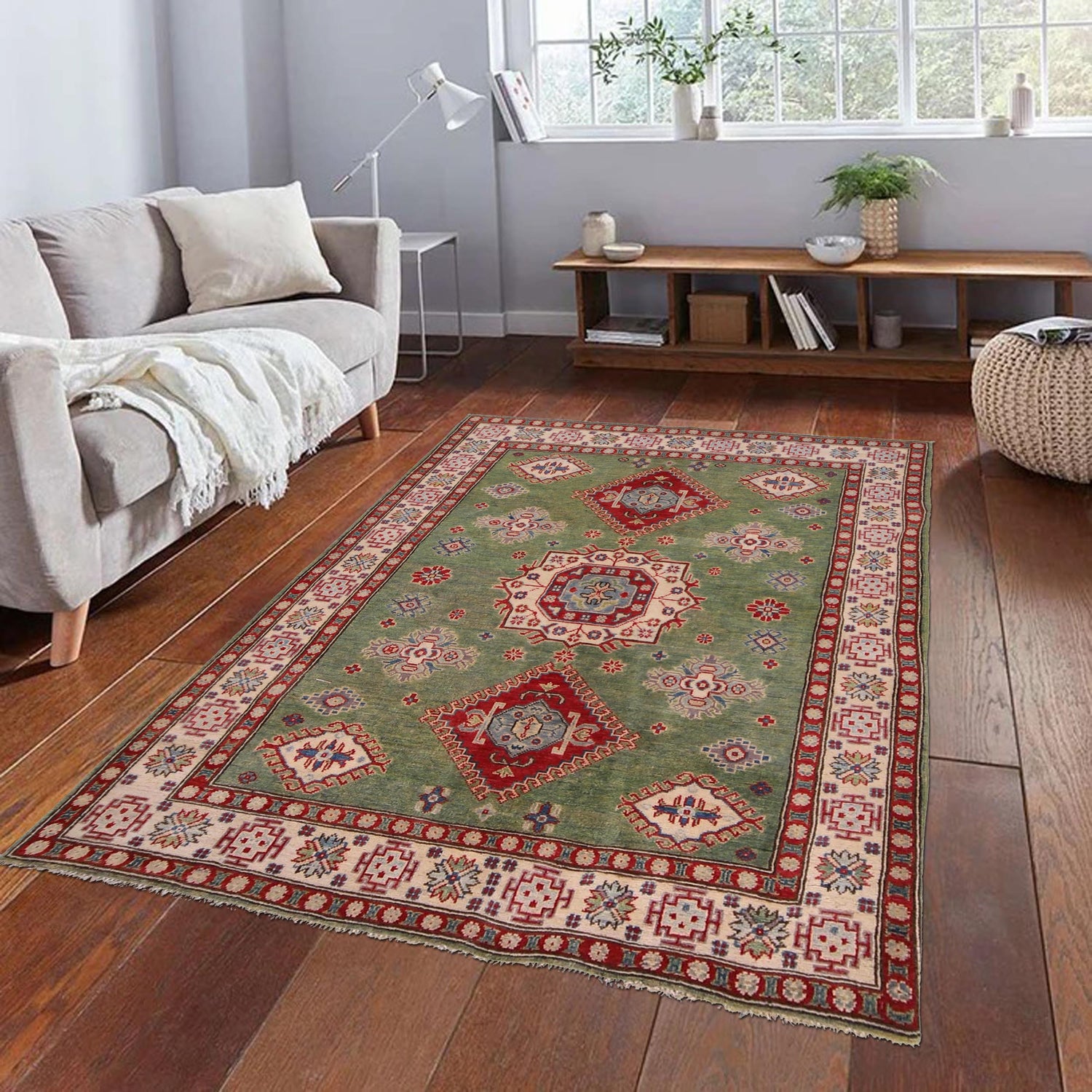 Kazak Rug Handmade Green Medallion 4x7 ft