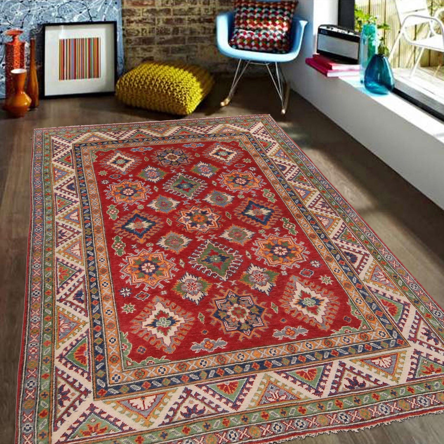 Kazak Rug Handmade Red Medallion 4x7 ft