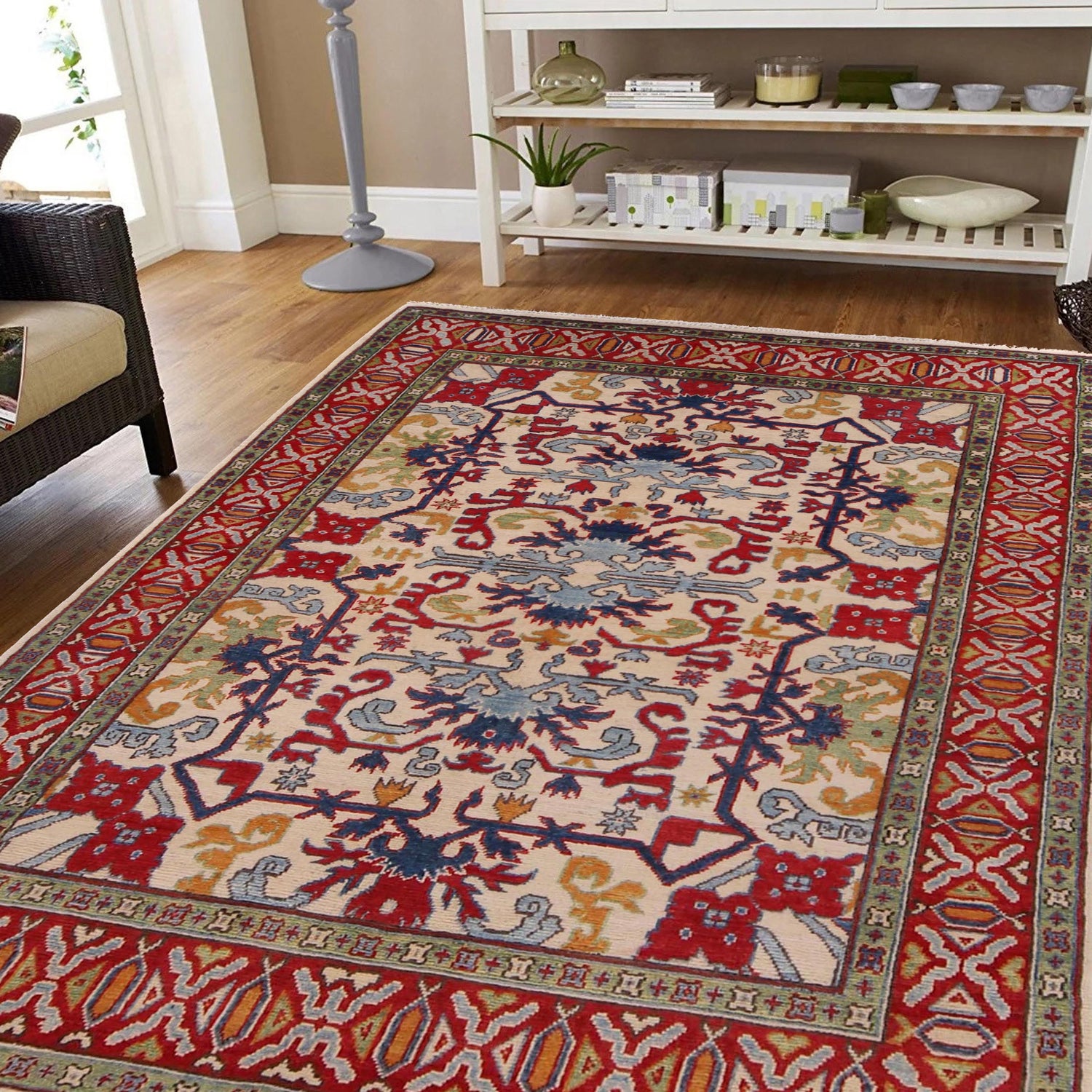 Kazak Rug Handmade Ivory Medallion 4x7 ft