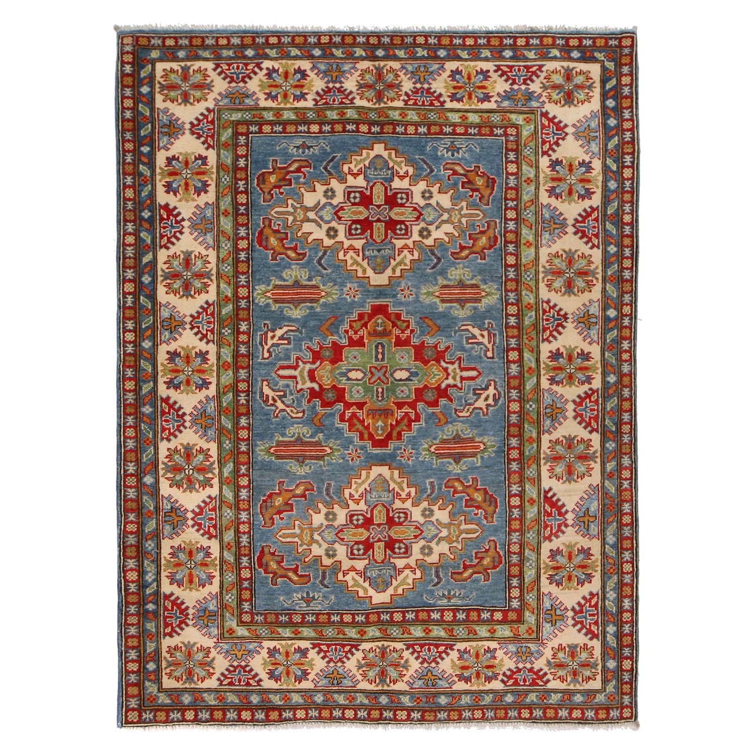 Kazak Rug Handmade Blue Medallion 4x7 ft