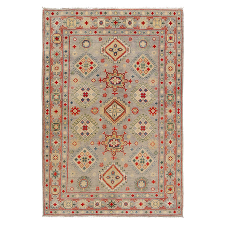 Kazak Rug Handmade Gray Medallion 4x6 ft