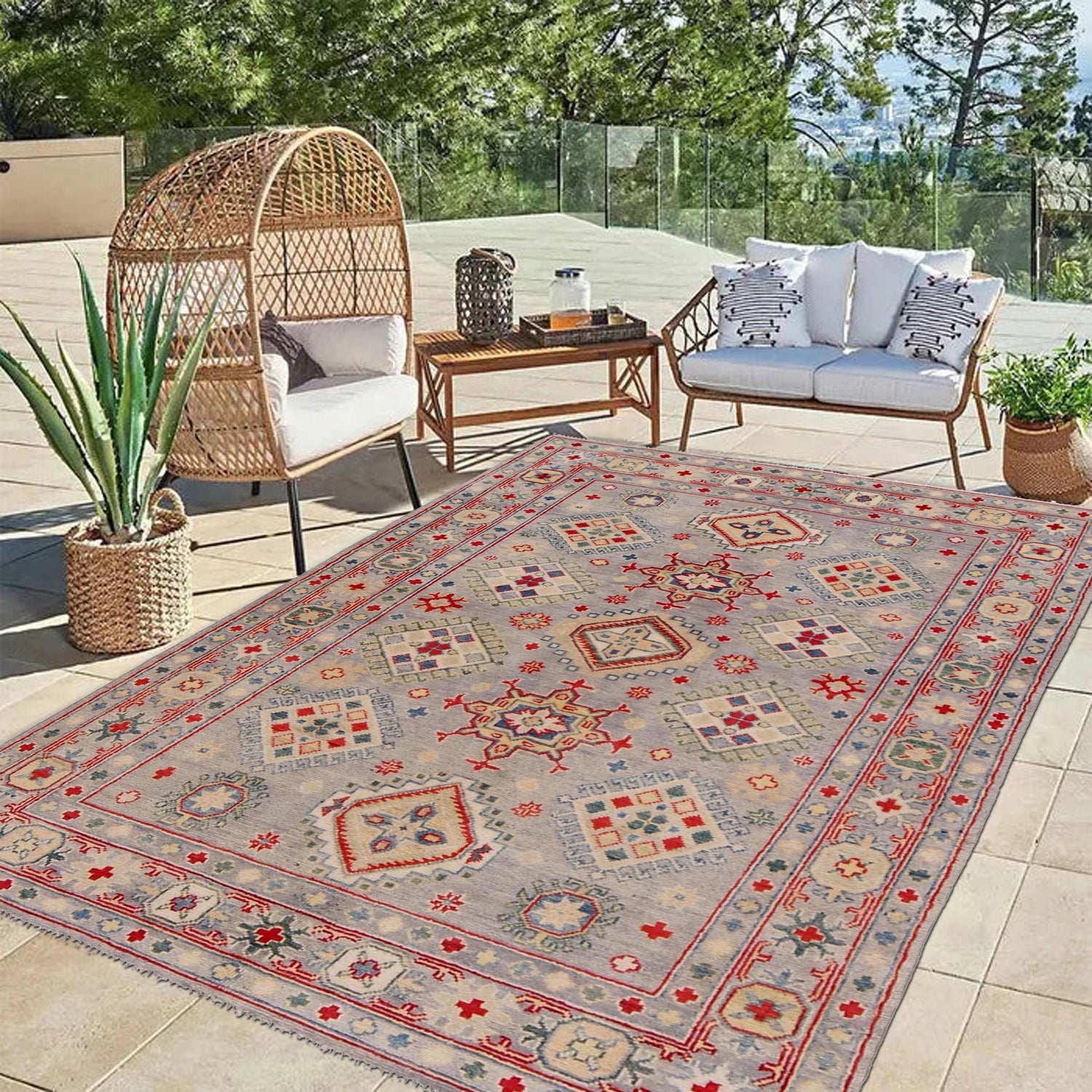 Kazak Rug Handmade Gray Medallion 4x6 ft