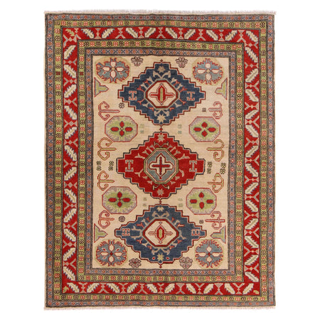 Kazak Rug Handmade Ivory Medallion 4x7 ft