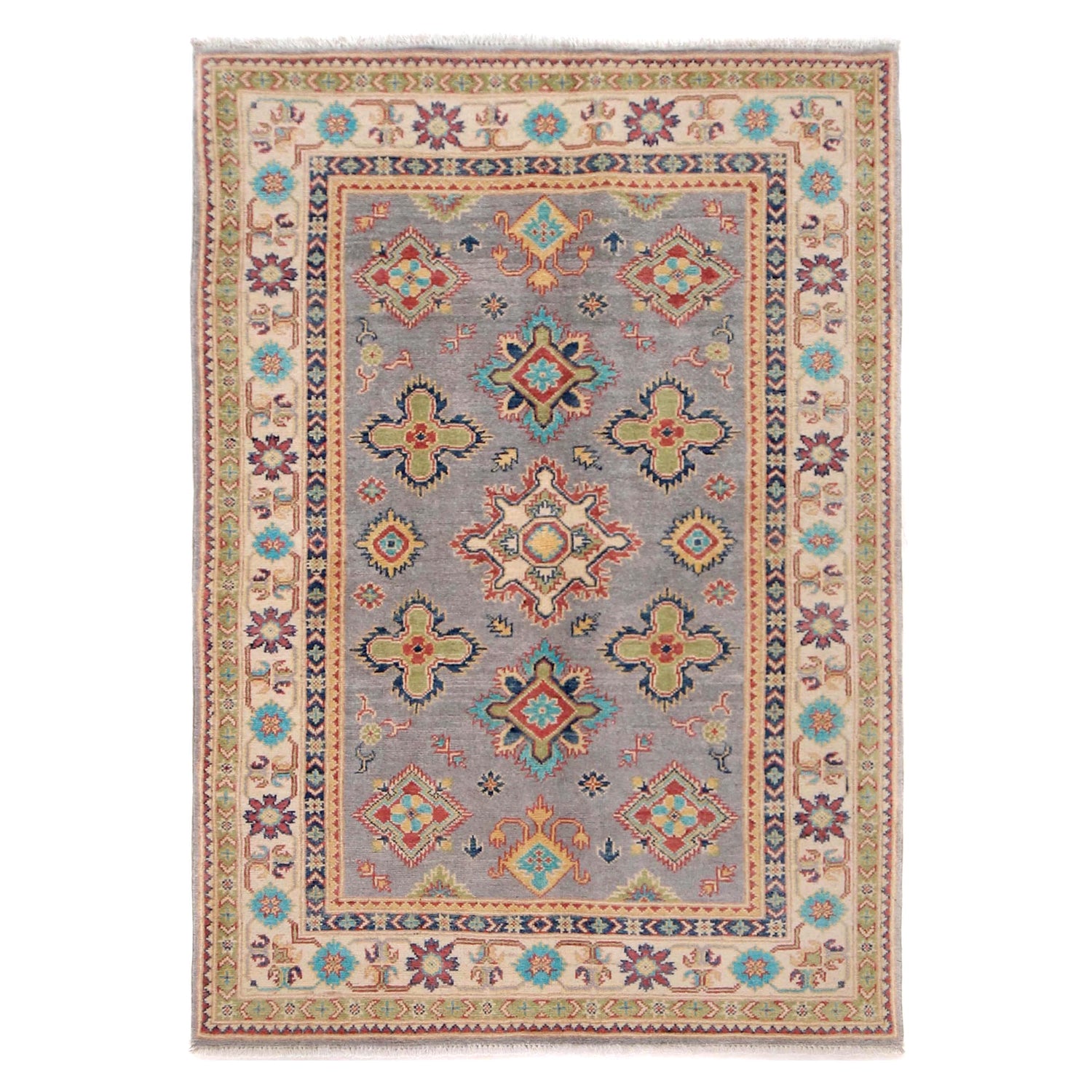 Kazak Rug Handmade Gray Medallion 4x6 ft