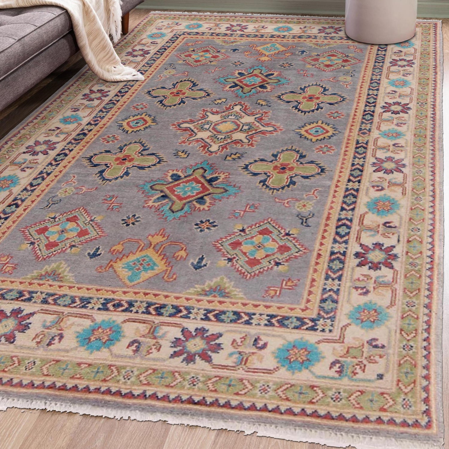 Kazak Rug Handmade Gray Medallion 4x6 ft