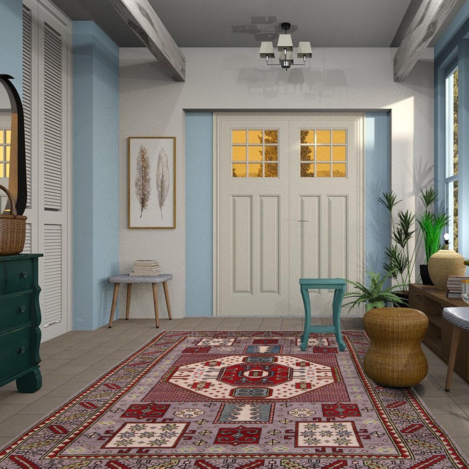 Mamluk Area Rug Handmade Gray Medallion 4x6 ft