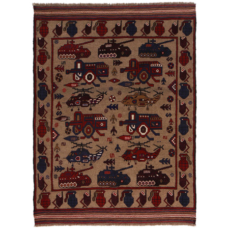 War Area Rug Handmade Brown Tank + Helicopter 4x6 ft