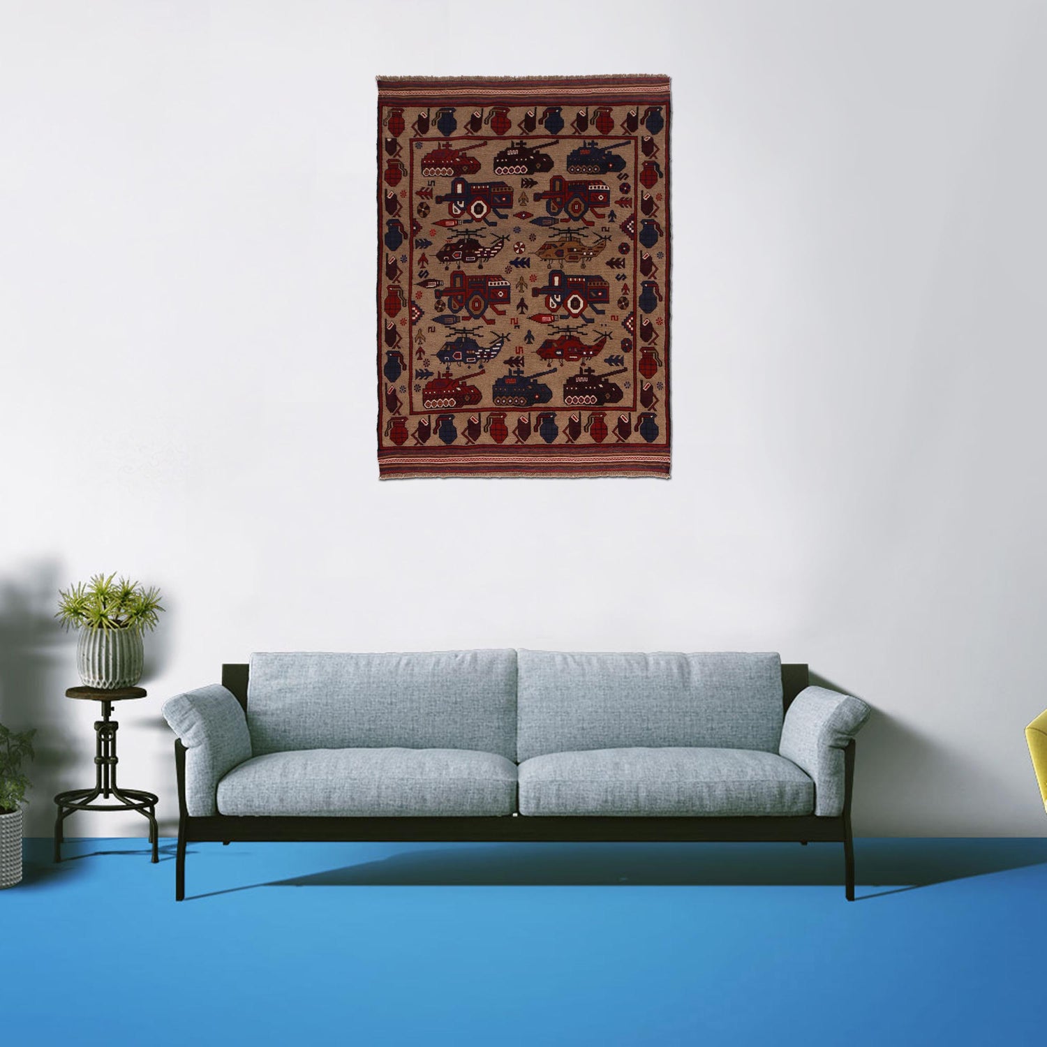 War Area Rug Handmade Brown Tank + Helicopter 4x6 ft