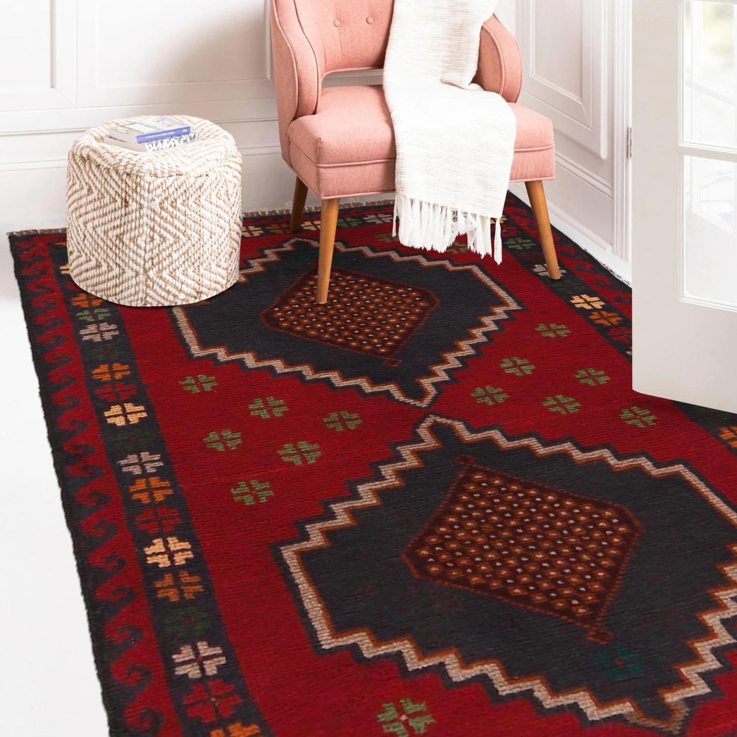 Baluchi Rug Handmade Red Geometric 3x5 ft