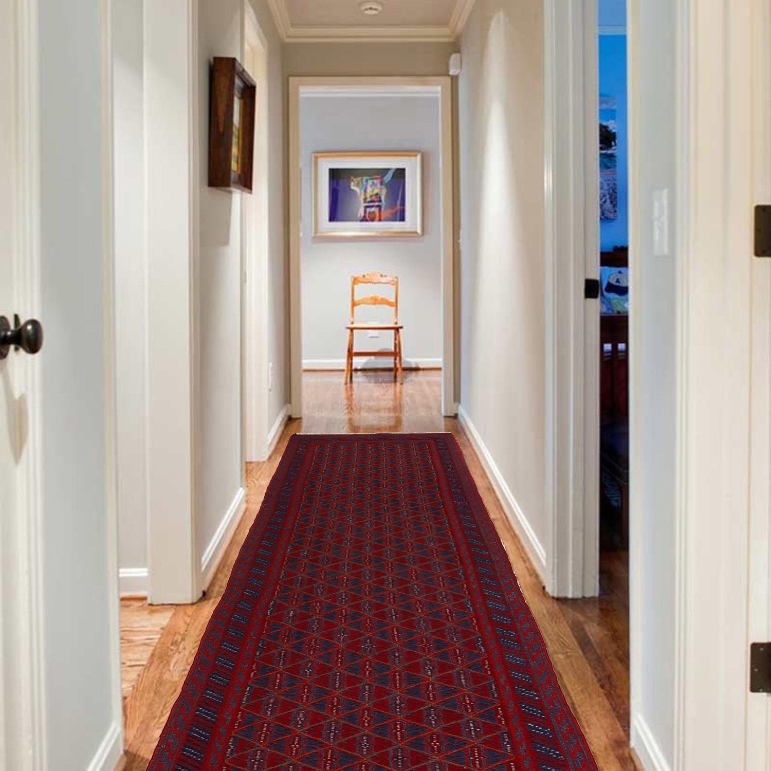Hand-Knotted Red Geometric Mashwani Area Rug Runner – 2' 8" x 12' 0" ft (81 x 366 cm) | SKU: W34372