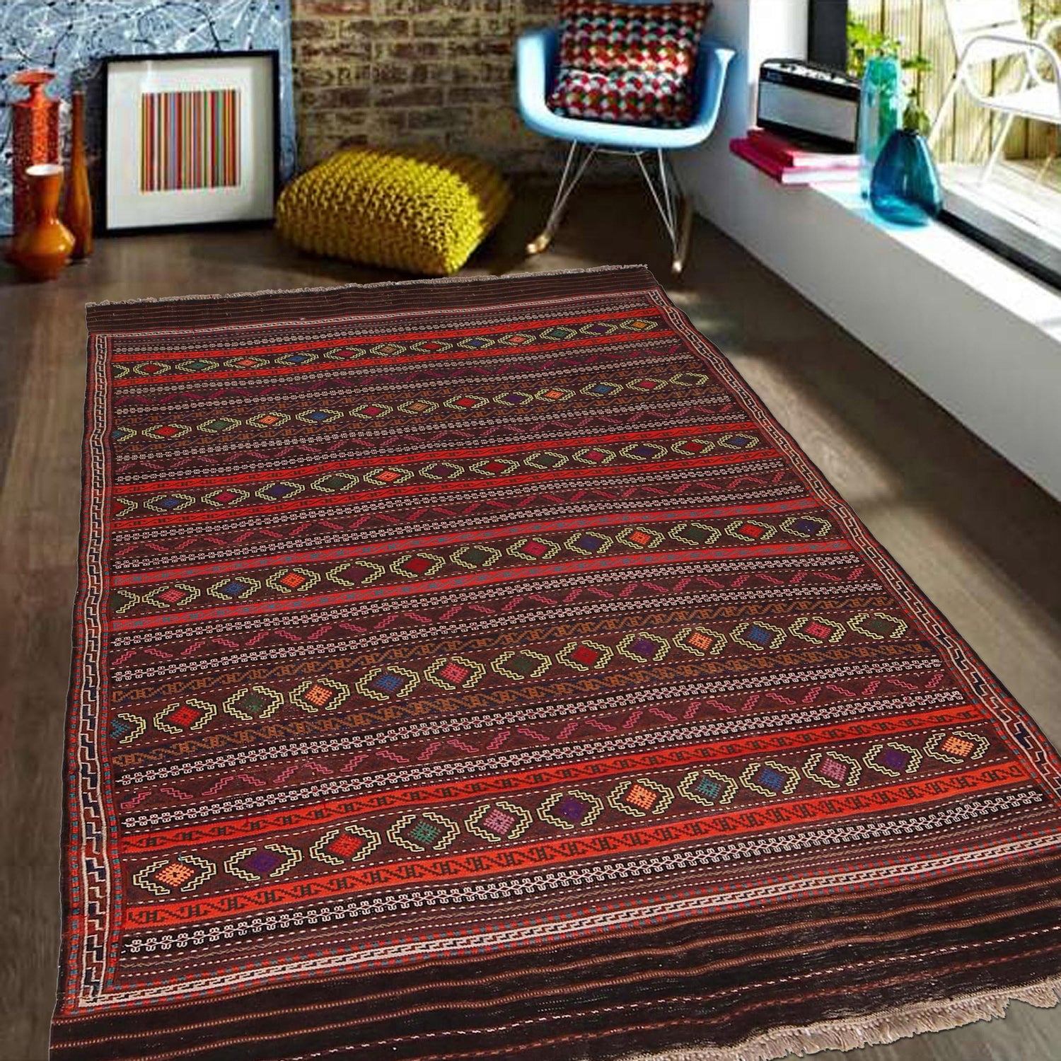 Laghari Kilim Area Rug Handmade Multi Geometric 4x7 ft