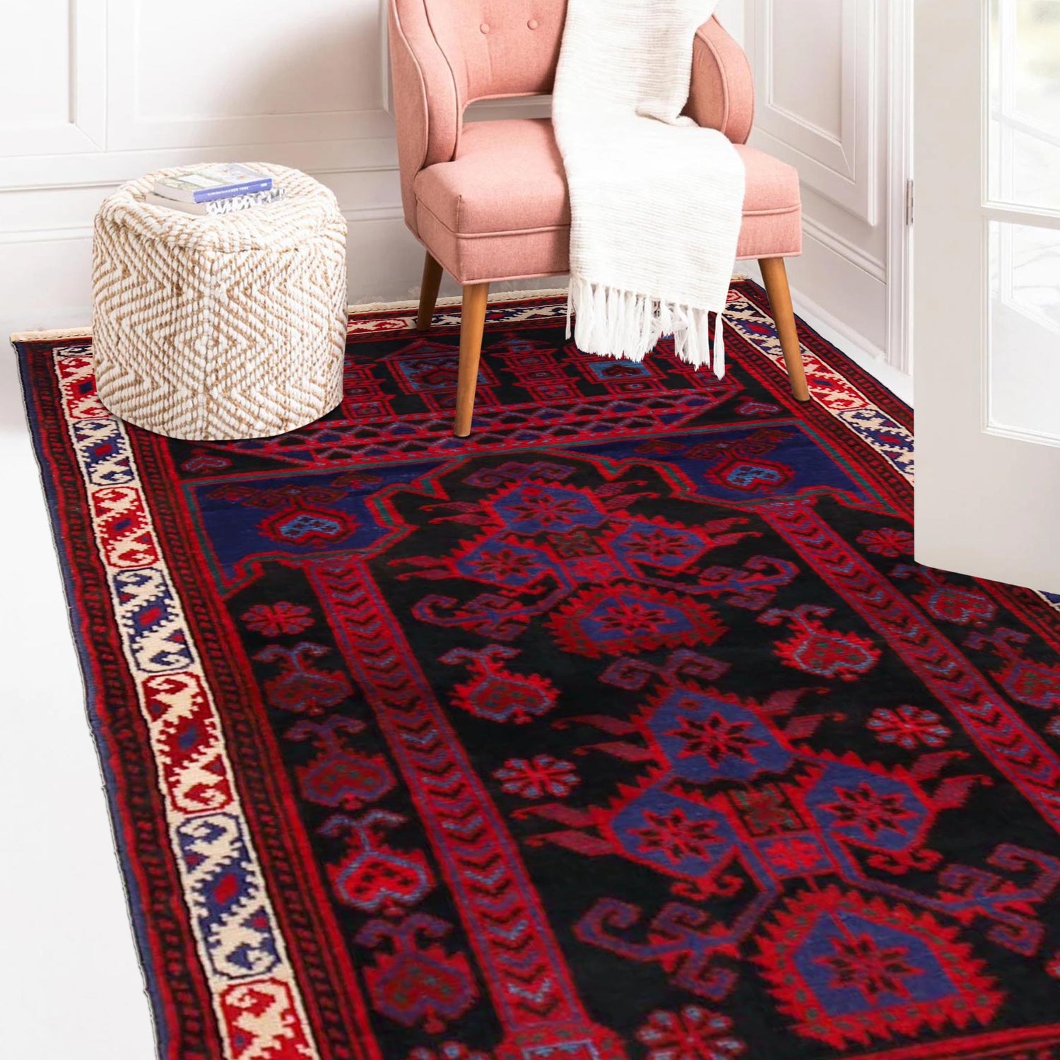 Baluchi Rug Handmade Red Geometric 2x4 ft