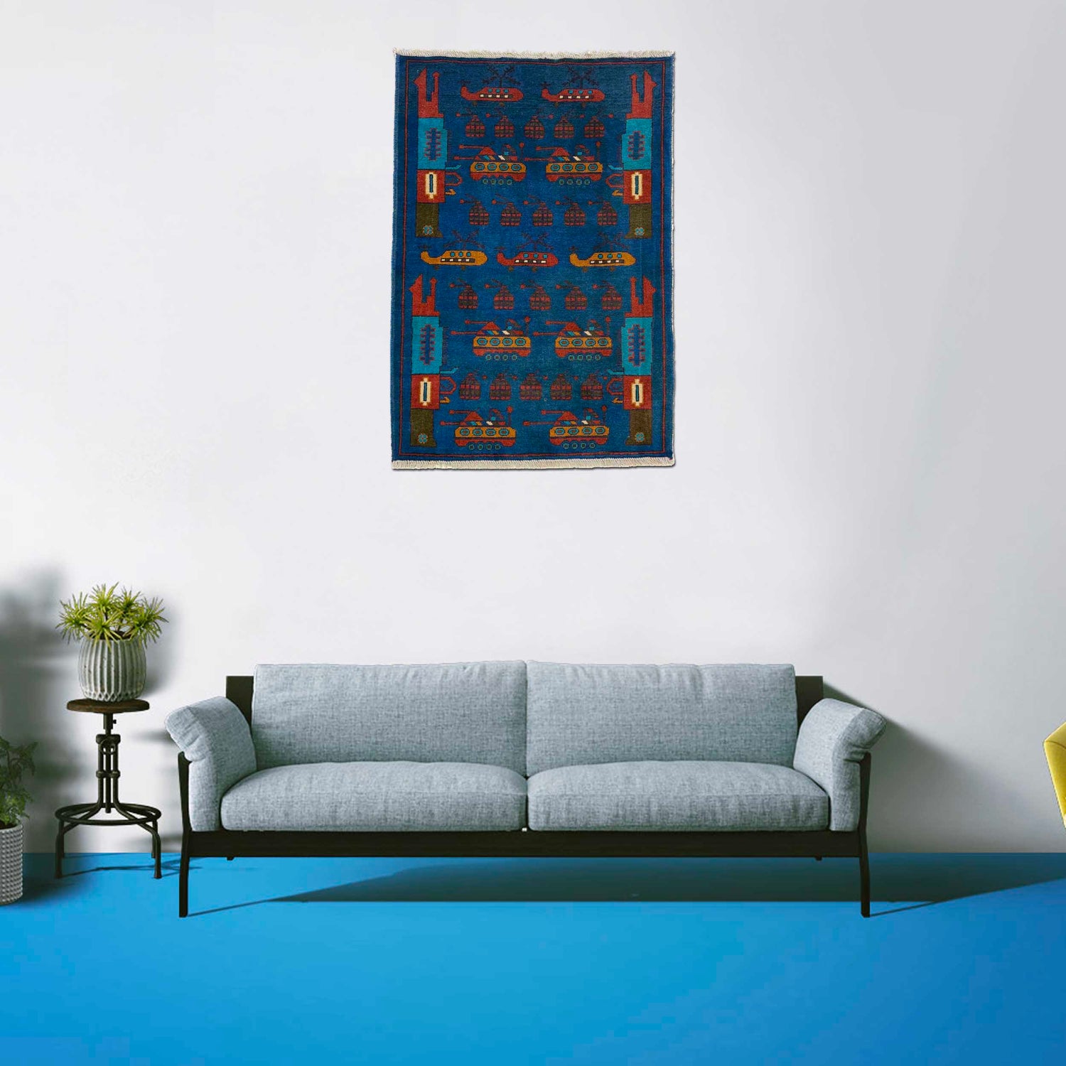 War Area Rug Handmade Blue Tank + Helicopter + Grenade 2x4