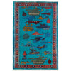 War Area Rug Handmade Blue Tank + Helicopter + Riffle 2x4 ft