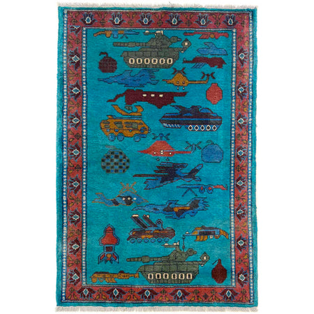 War Area Rug Handmade Blue Tank + Helicopter + Riffle 2x4 ft