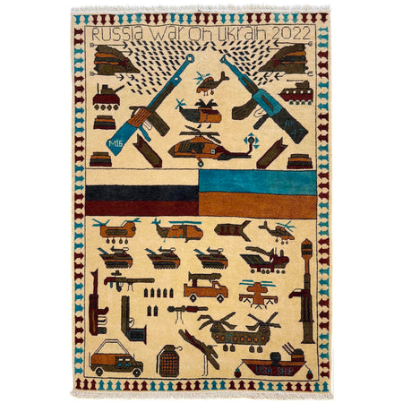 War Area Rug Handmade Beige Riffle + Tank + Helicopter +