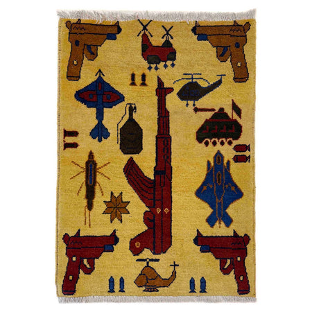 War Area Rug Handmade Yellow Tank + Helicopter + Riffle 2 x