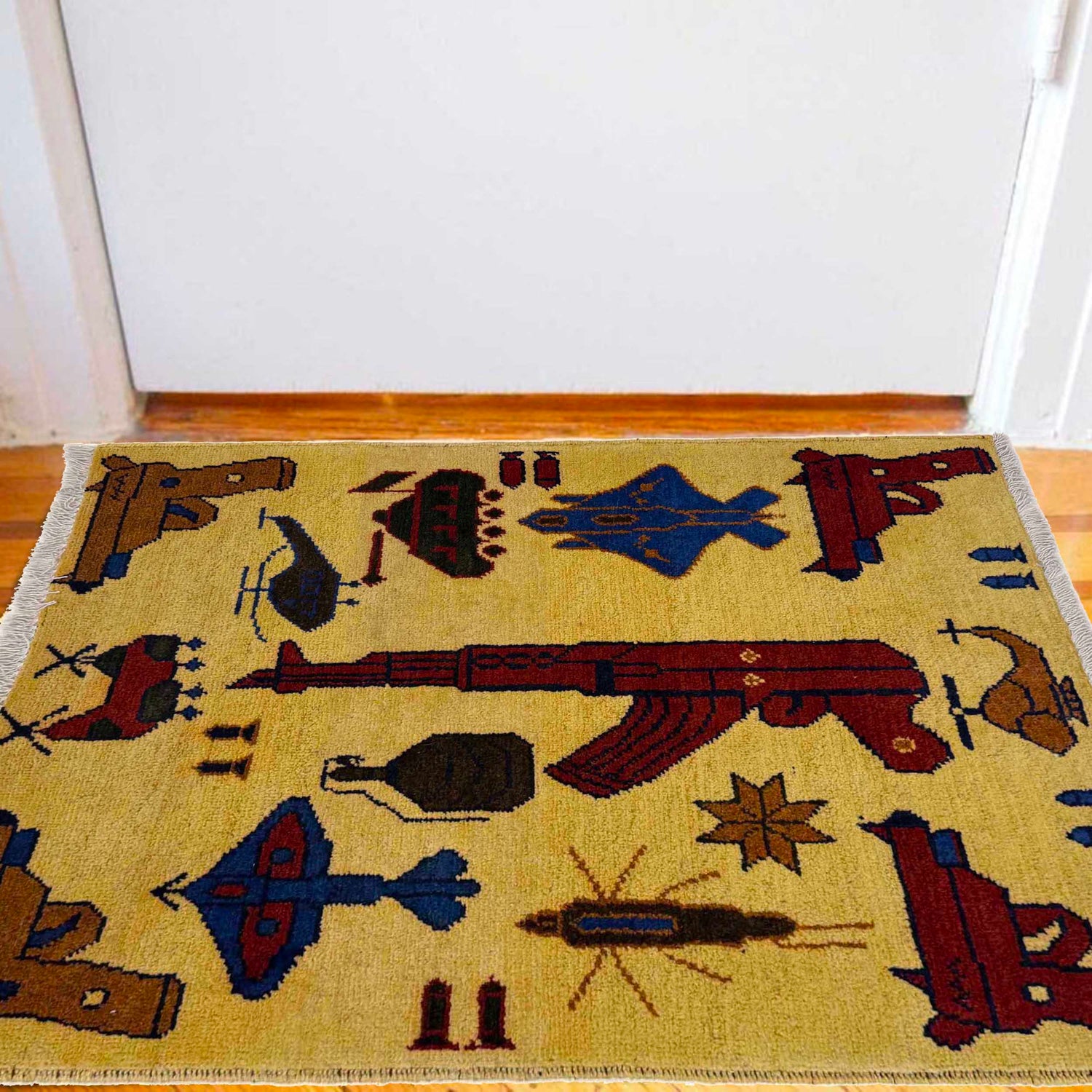 War Area Rug Handmade Yellow Tank + Helicopter + Riffle 2 x