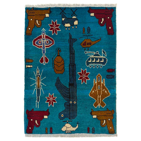 War Area Rug Handmade Blue Tank + Helicopter + Riffle 2 x 3