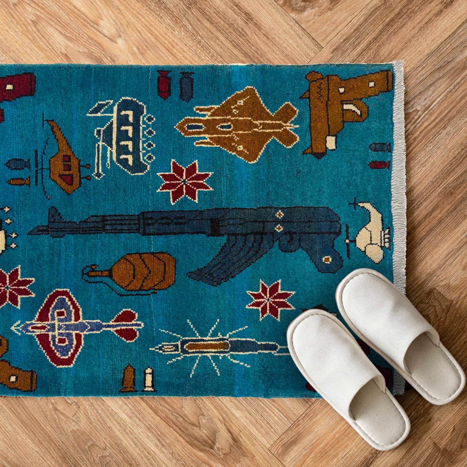 War Area Rug Handmade Blue Tank + Helicopter + Riffle 2 x 3