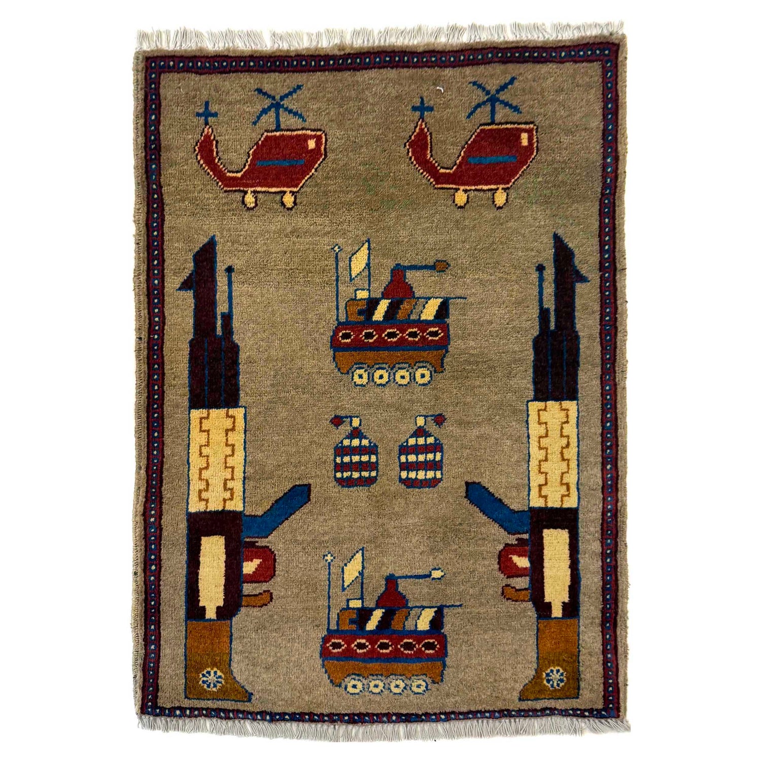 War Area Rug Handmade Brown Tank + Helicopter + Grenade 2 x