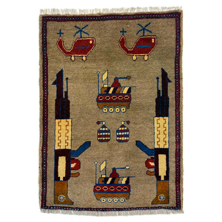 War Area Rug Handmade Brown Tank + Helicopter + Grenade 2 x
