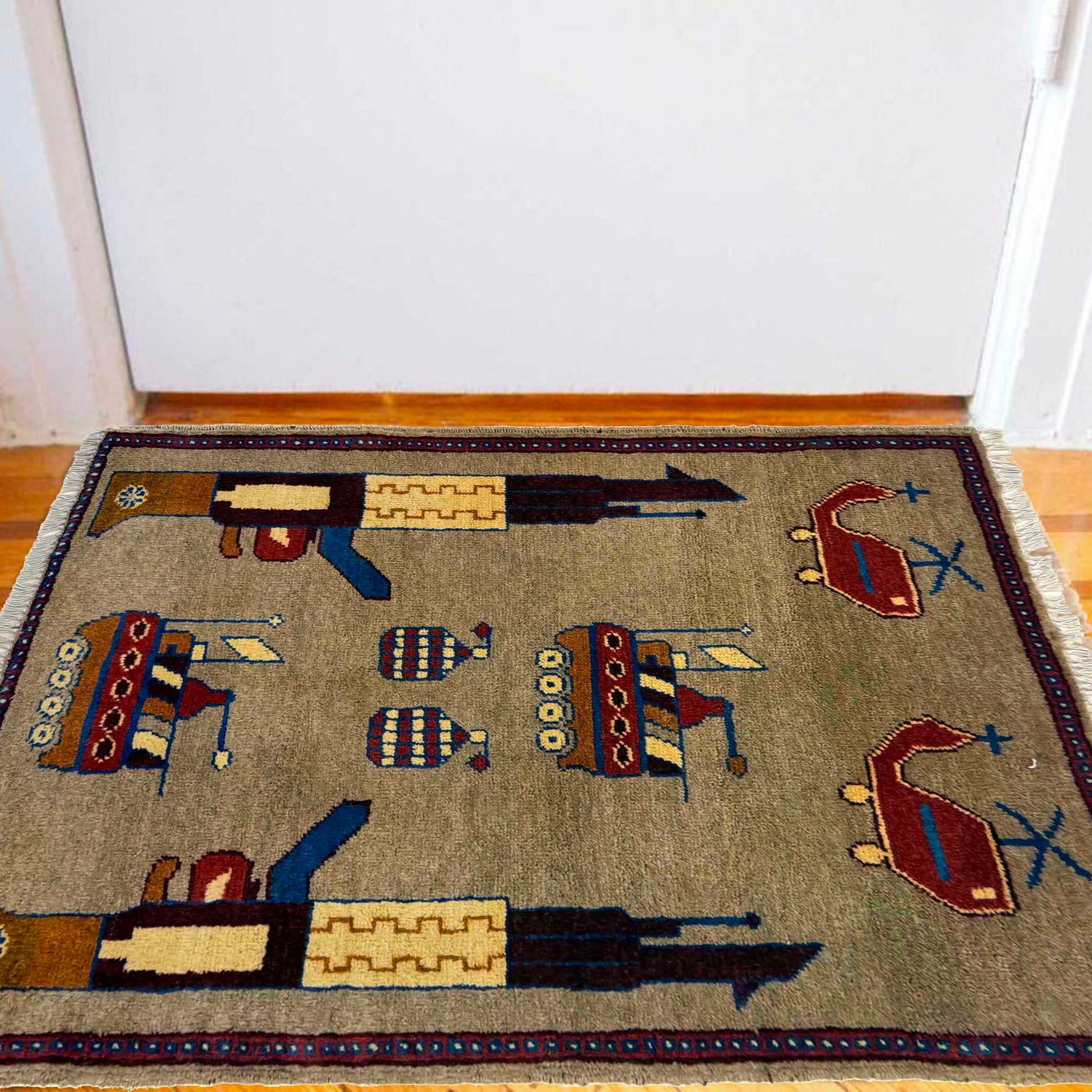 War Area Rug Handmade Brown Tank + Helicopter + Grenade 2 x