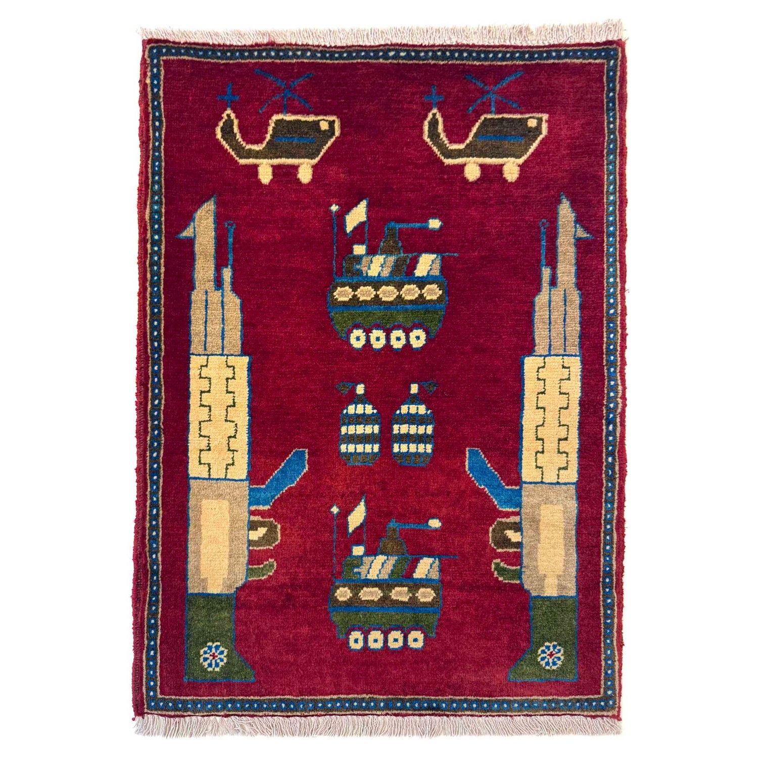 War Area Rug Handmade Red Tank + Helicopter + Grenade 2 x 3