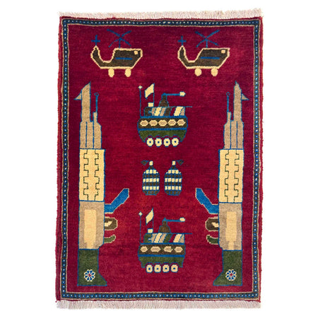 War Area Rug Handmade Red Tank + Helicopter + Grenade 2 x 3