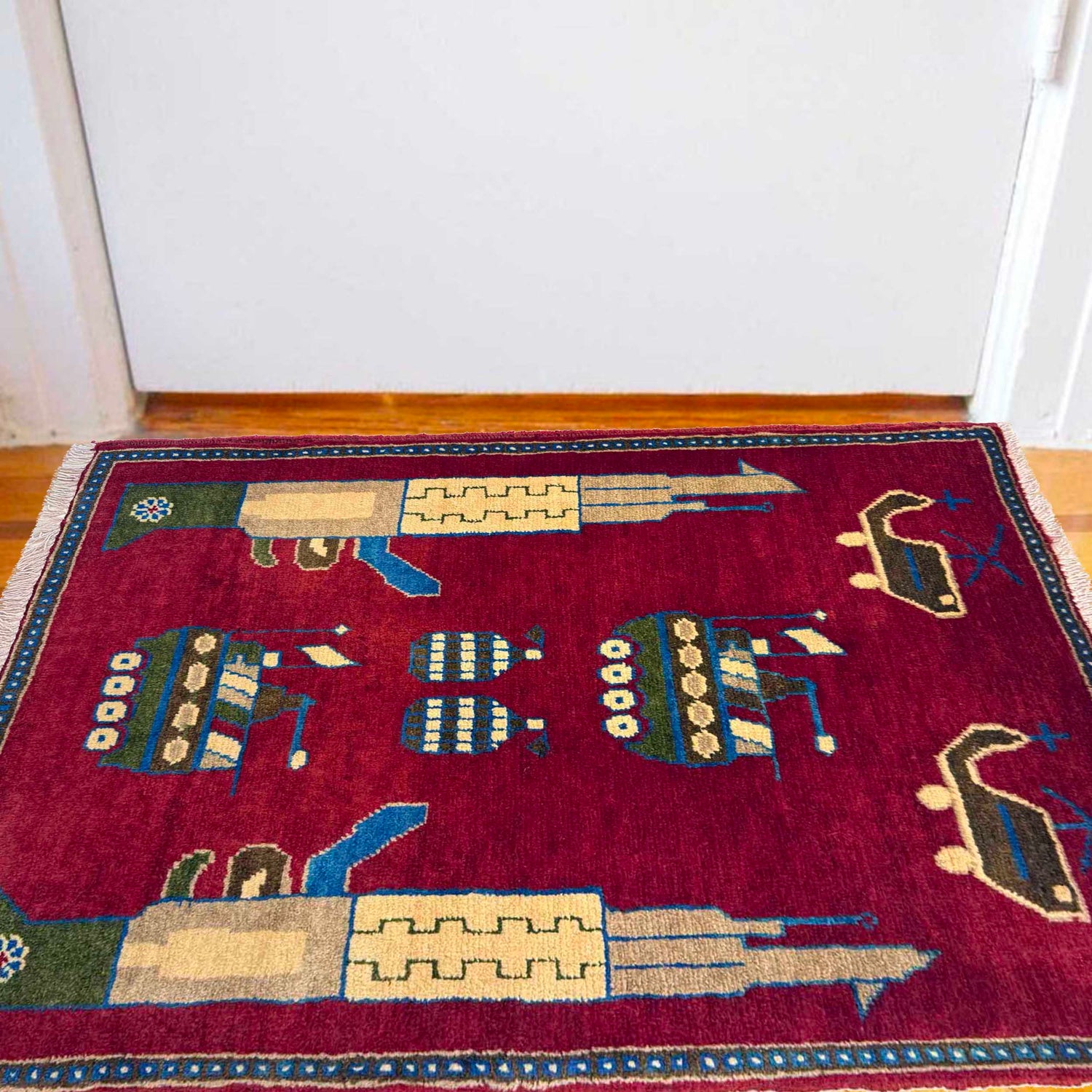 War Area Rug Handmade Red Tank + Helicopter + Grenade 2 x 3