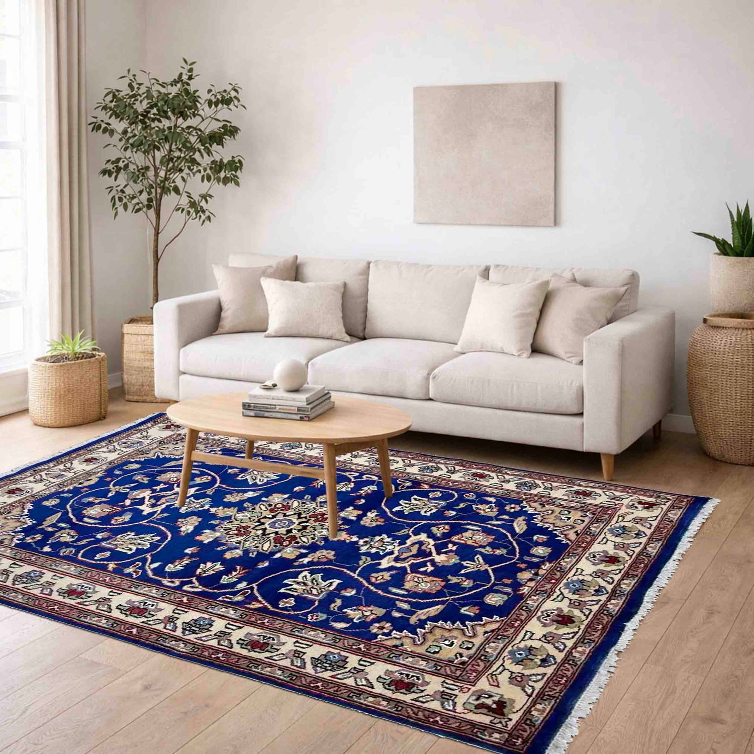 Jaldar Area Rug Handmade Blue Floral 4x6 ft