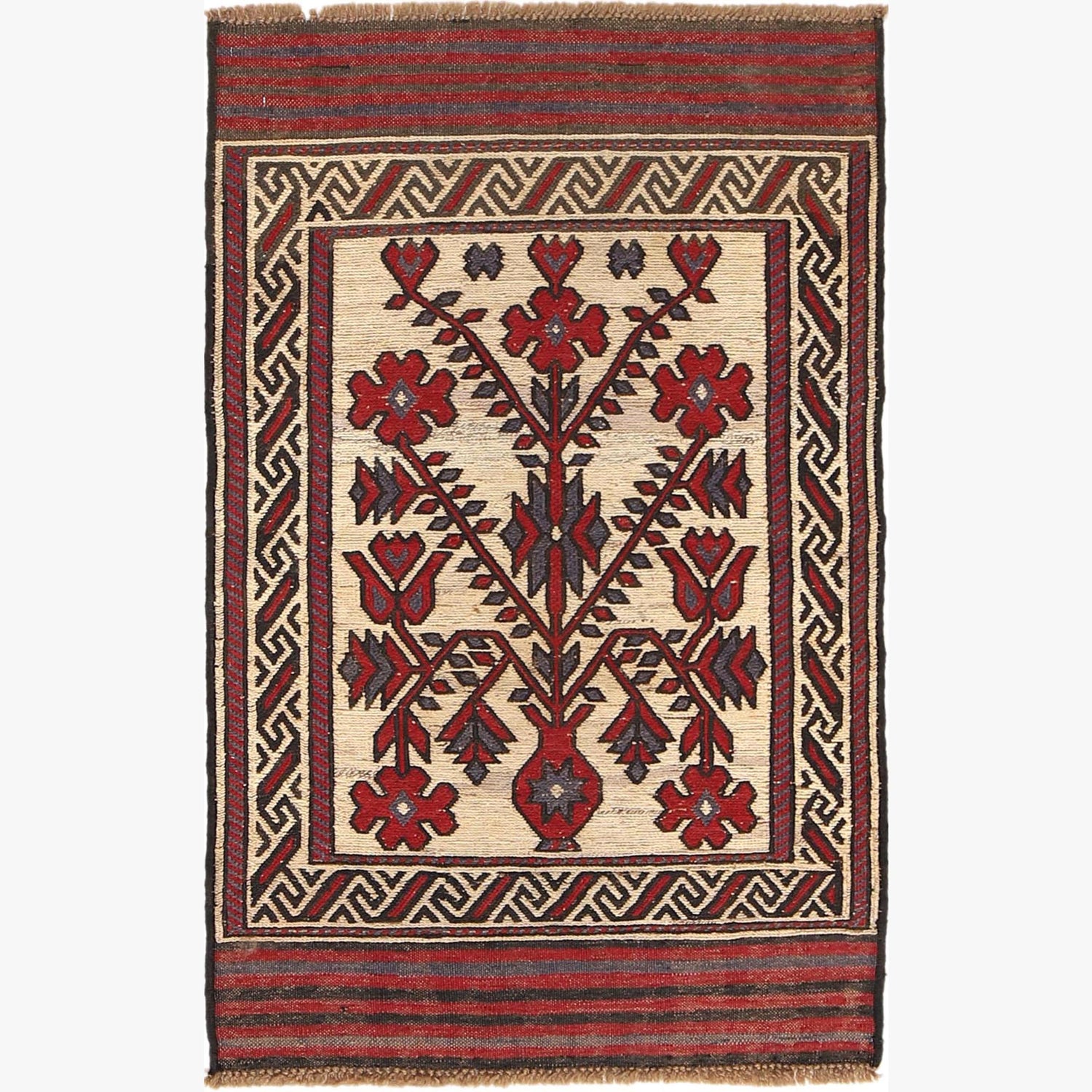 Saghari Kilim Area Rug Handmade Beige Floral 2x4 ft