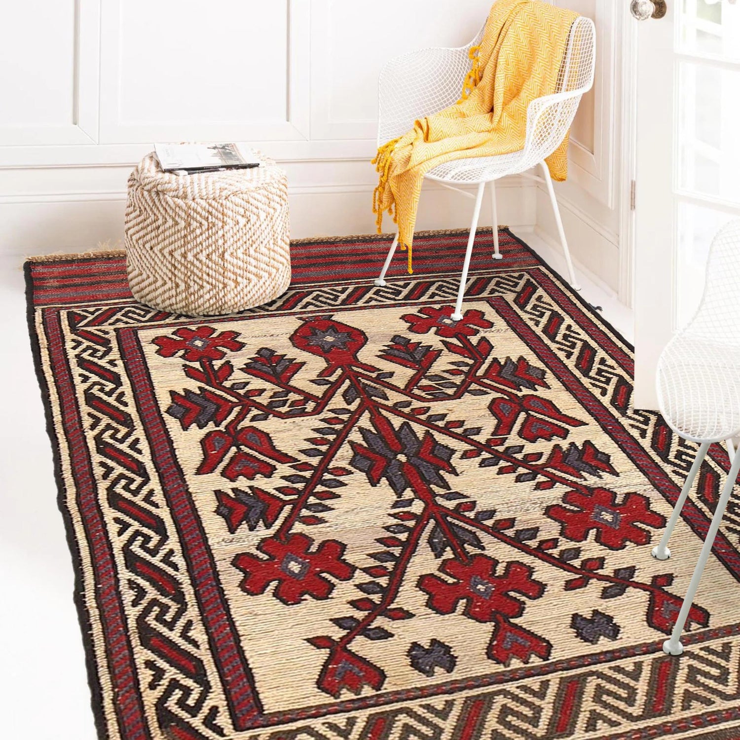 Saghari Kilim Area Rug Handmade Beige Floral 2x4 ft