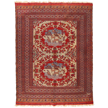 Maliki Kilim Area Rug Handmade Beige Floral 5x6 ft