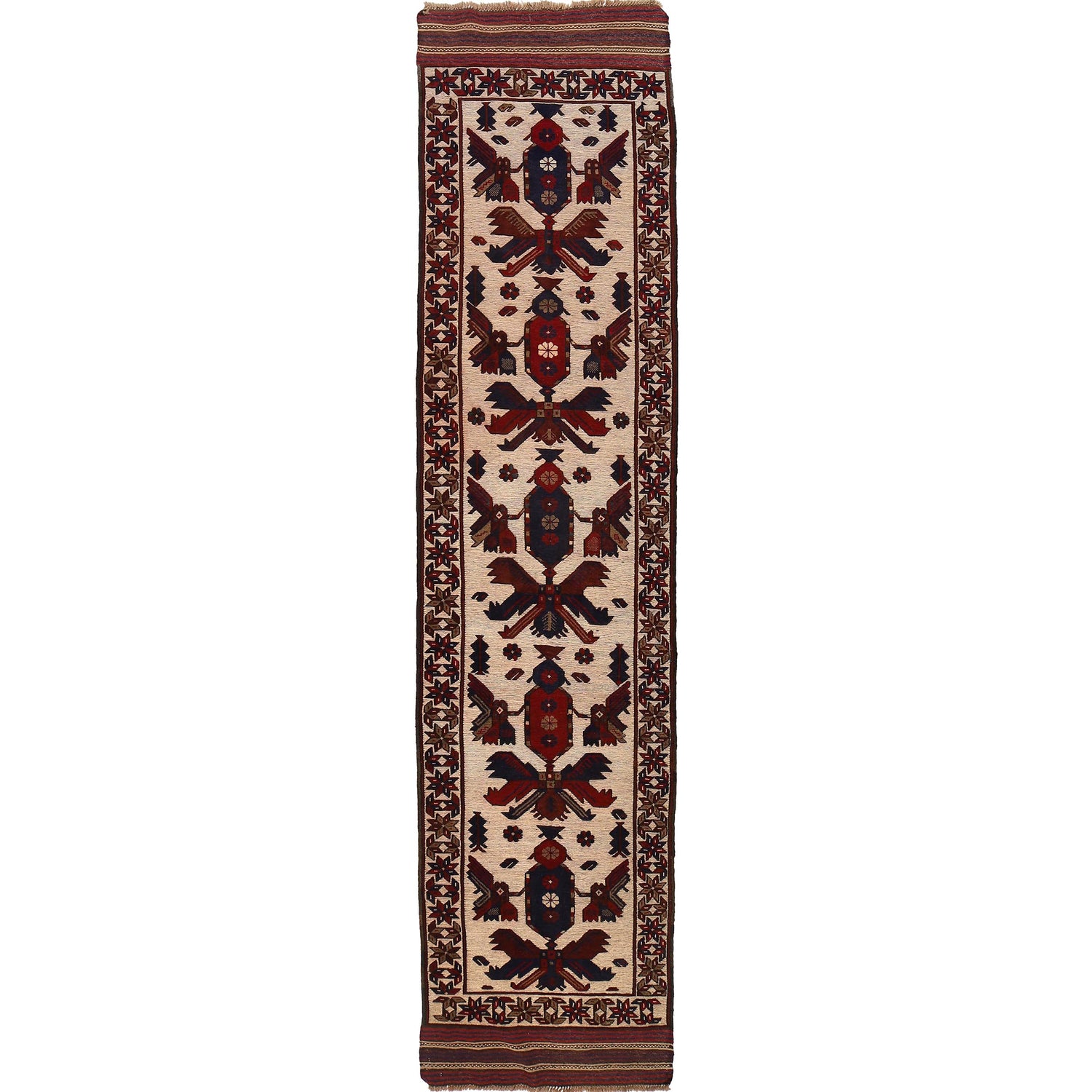 Barjasta Runner Rug Handmade Beige Floral 13' ft Runner
