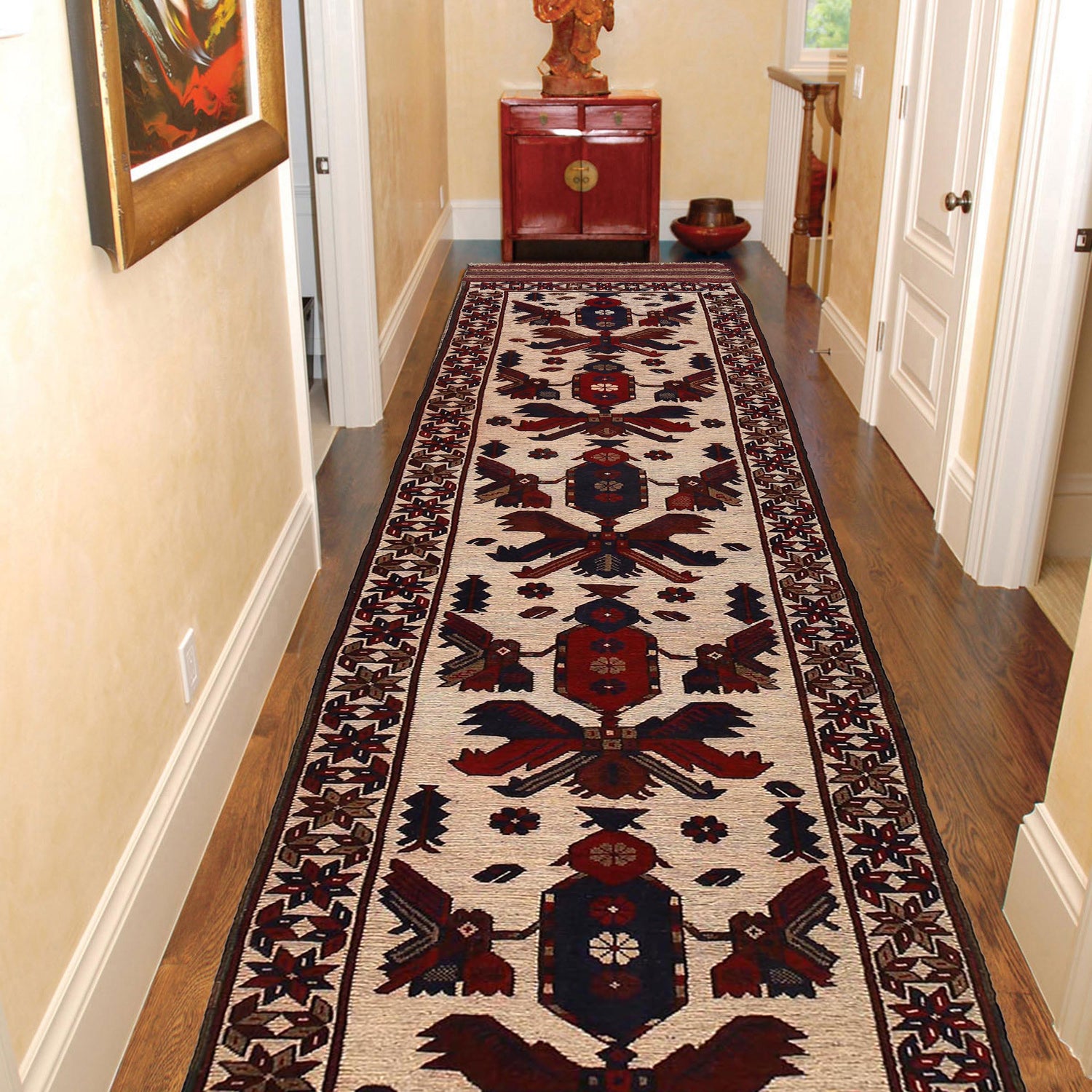 Barjasta Runner Rug Handmade Beige Floral 13' ft Runner