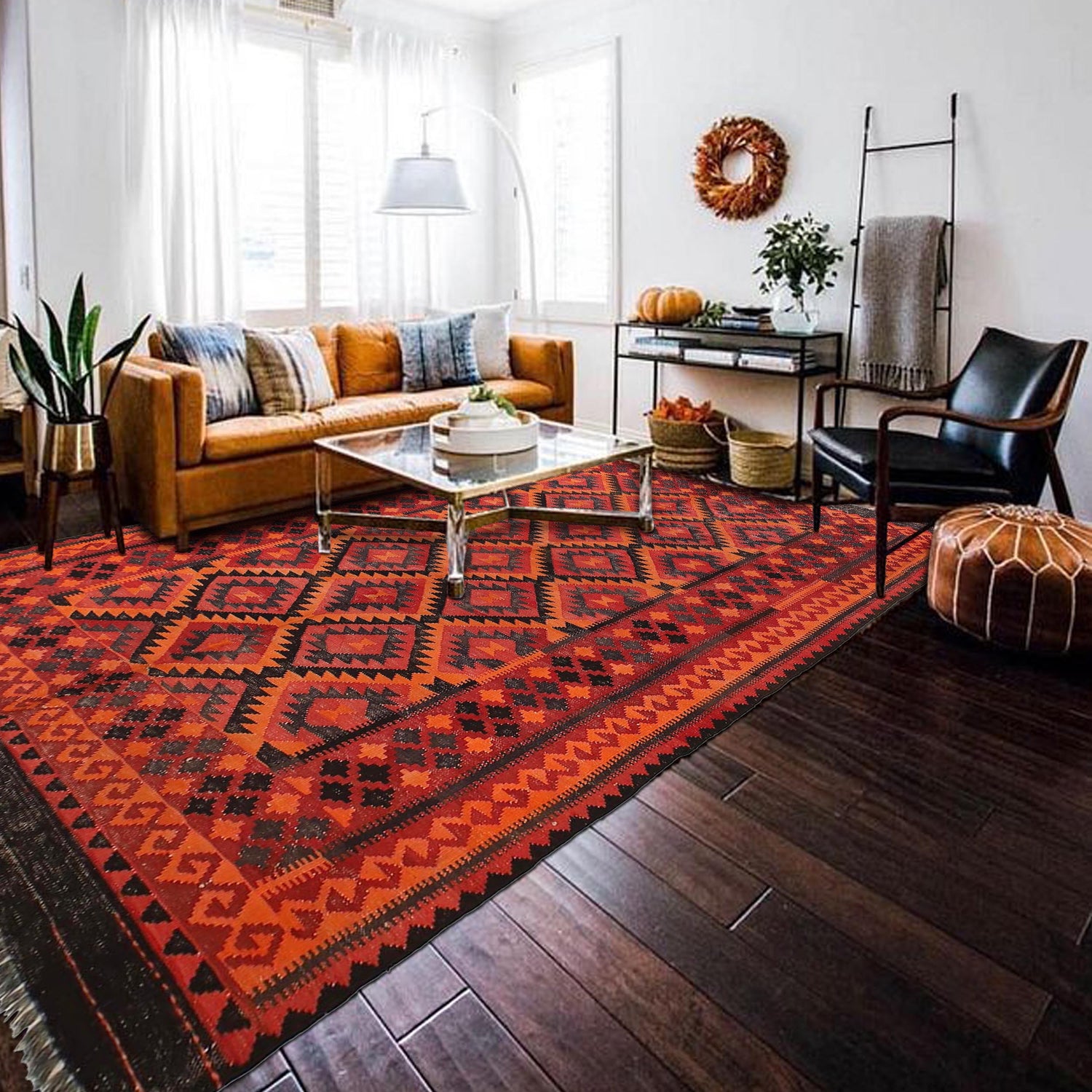 Maimana Kilim Area Rug Handmade Red Floral 5x8 ft