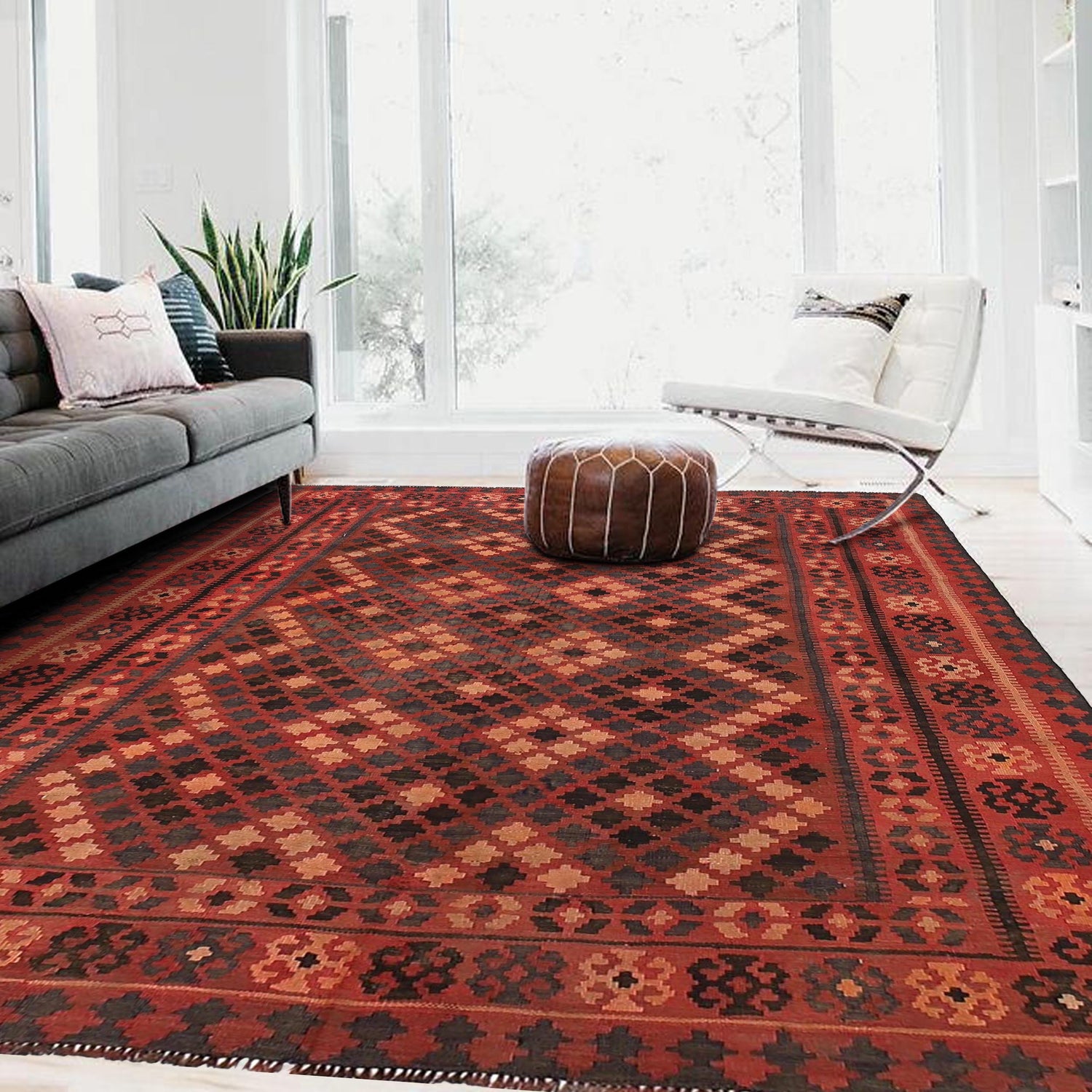 Maimana Kilim Area Rug Handmade Red Floral 5x8 ft