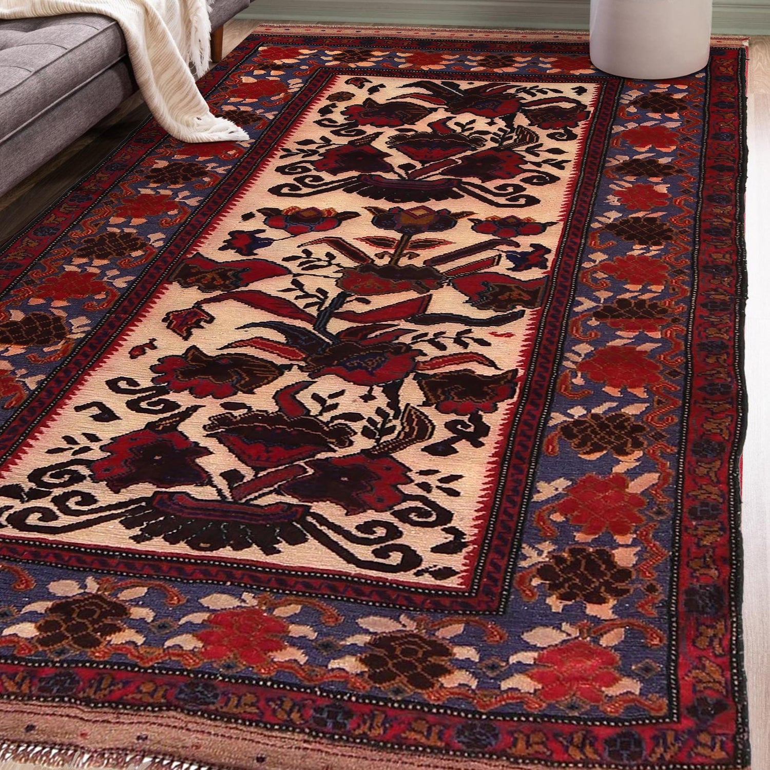 Barjasta Area Rug Handmade Beige Floral 4x6 ft