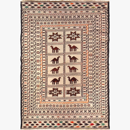 Soumak Kilim Area Rug Handmade White Pictorial 4x6 ft