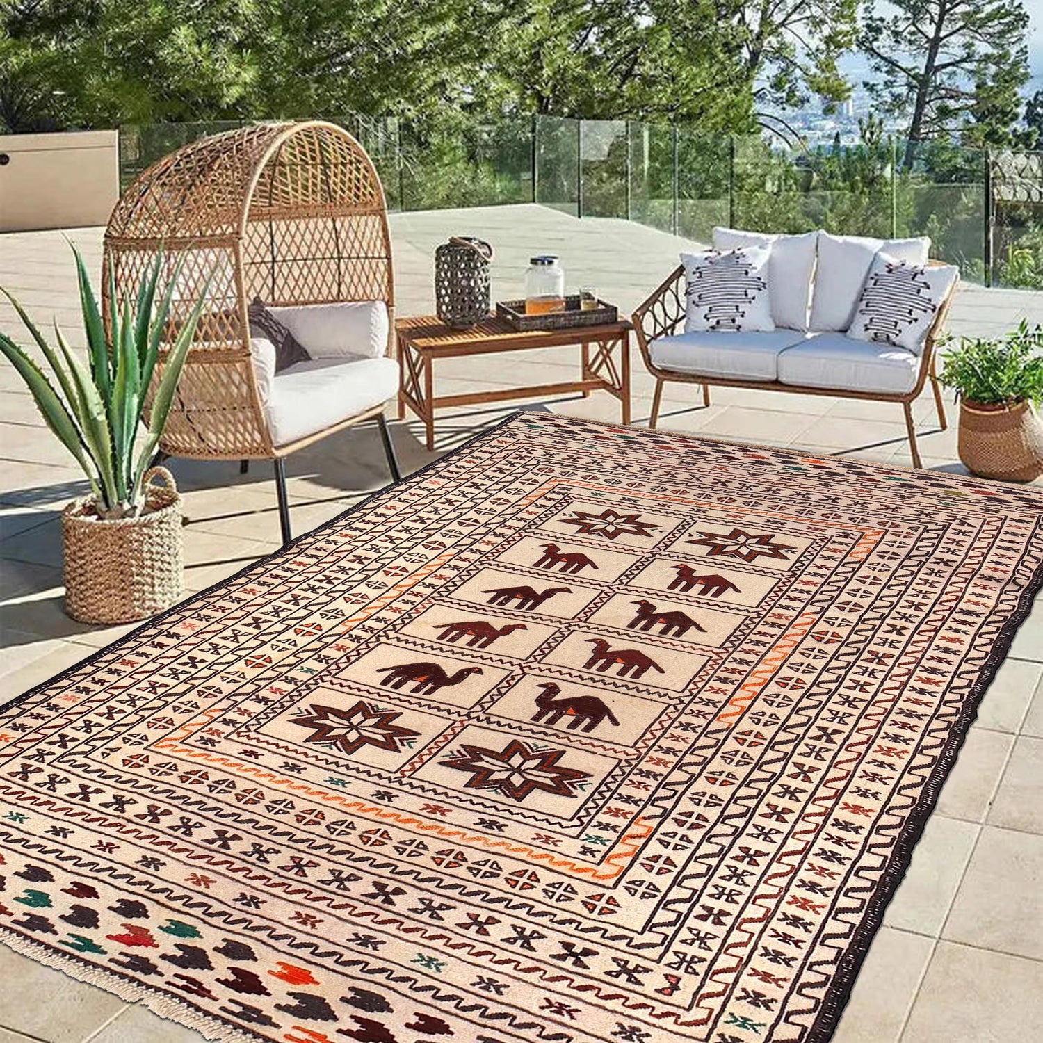 Soumak Kilim Area Rug Handmade White Pictorial 4x6 ft